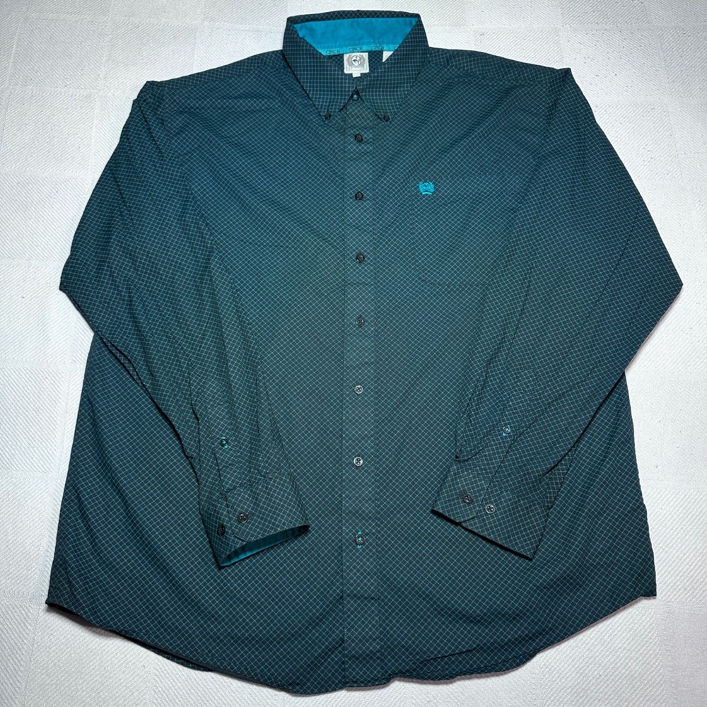 Cinch Button Up Shirt Mens Large Western Geometric Diamond Print Teal Black - Picture 2 of 11